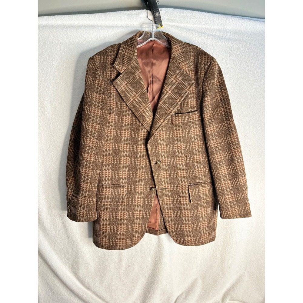 Oakmont Vintage Mens Brown Plaid Two Button Blazer Sport Coat size 44S see pics